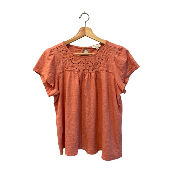Ella Moss Anthropologie peach pink top short sleeve Small crochet detail Flawed - Picture 1 of 7